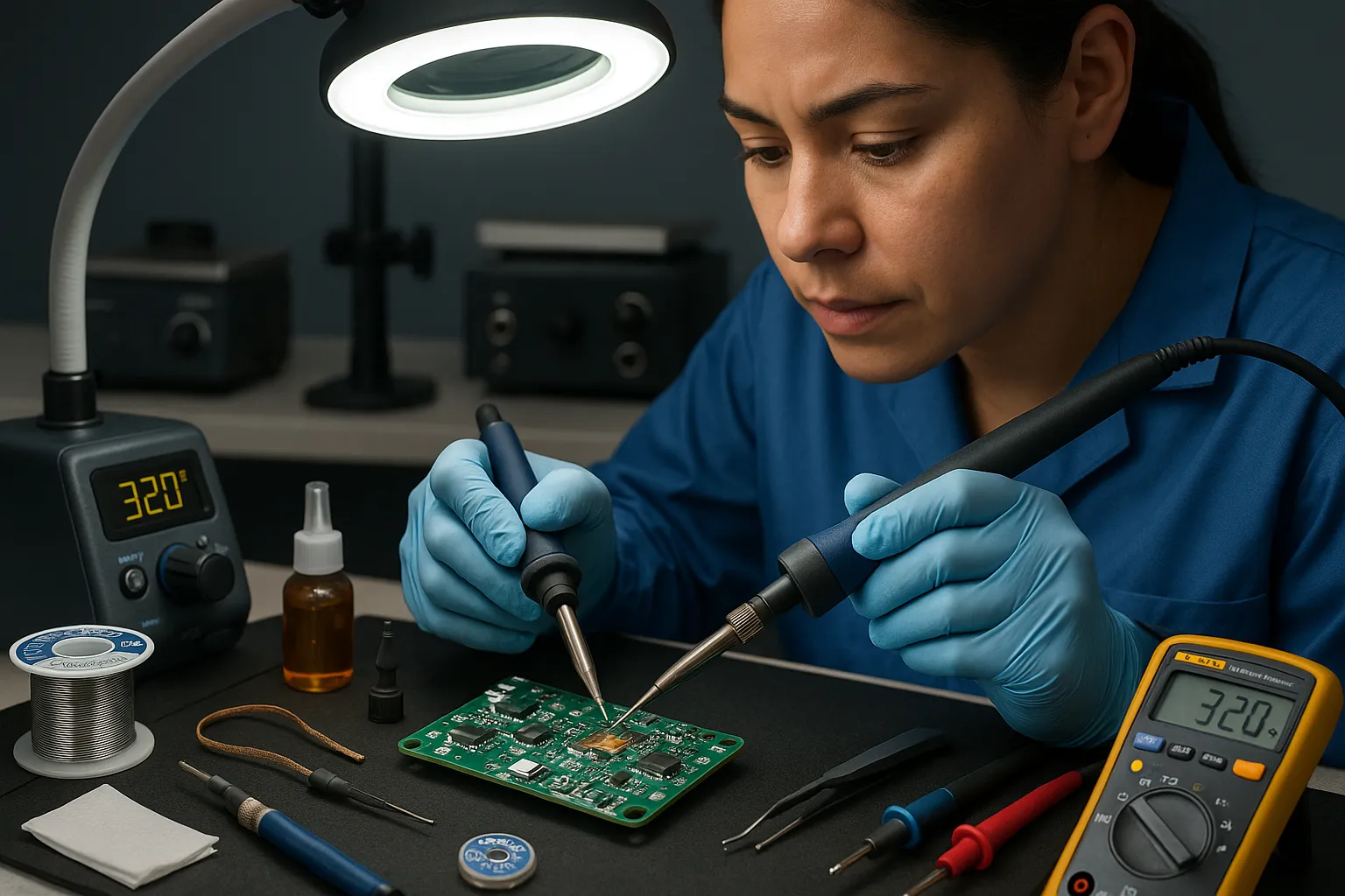 Technician soldering a smart-home PCB on an ESD bench with tools nearby.