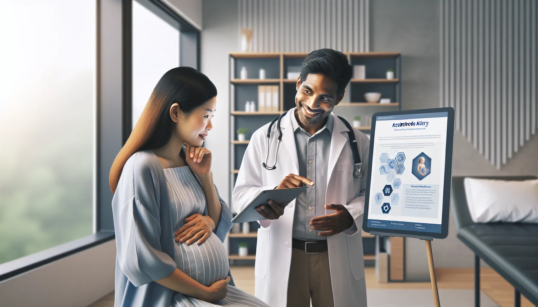 diverse pregnant women discussing health in a modern clinic.