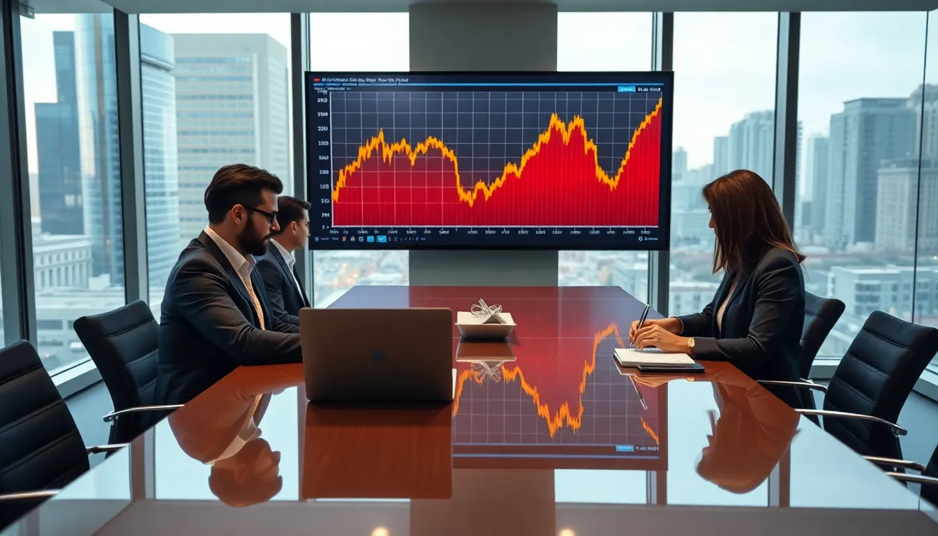 business team analyzing declining stock market data in a modern office.