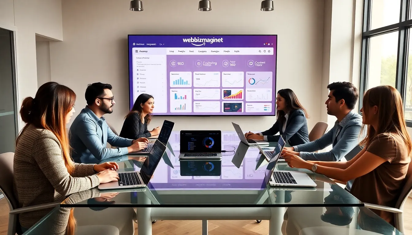 diverse team collaborating on digital marketing strategies in a modern workspace.