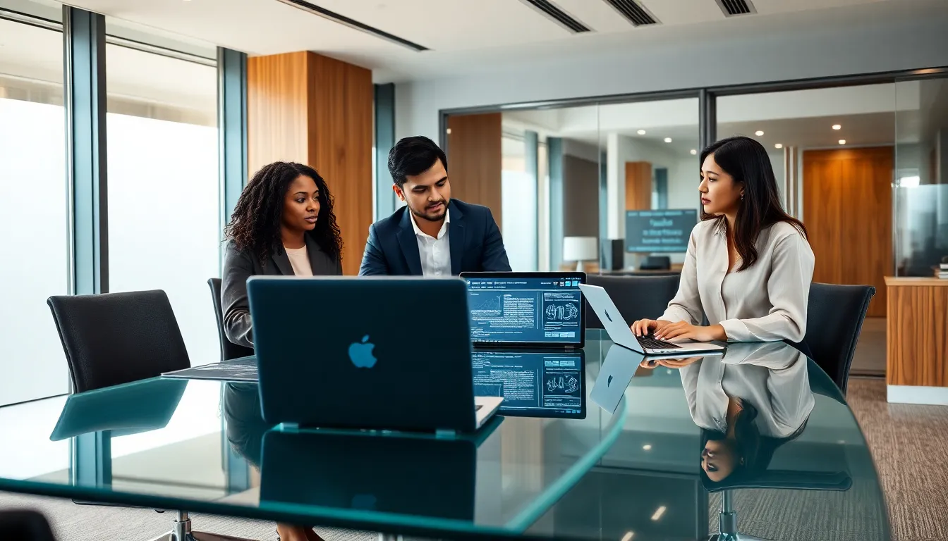 Diverse team collaborating on cybersecurity strategies in a modern office.