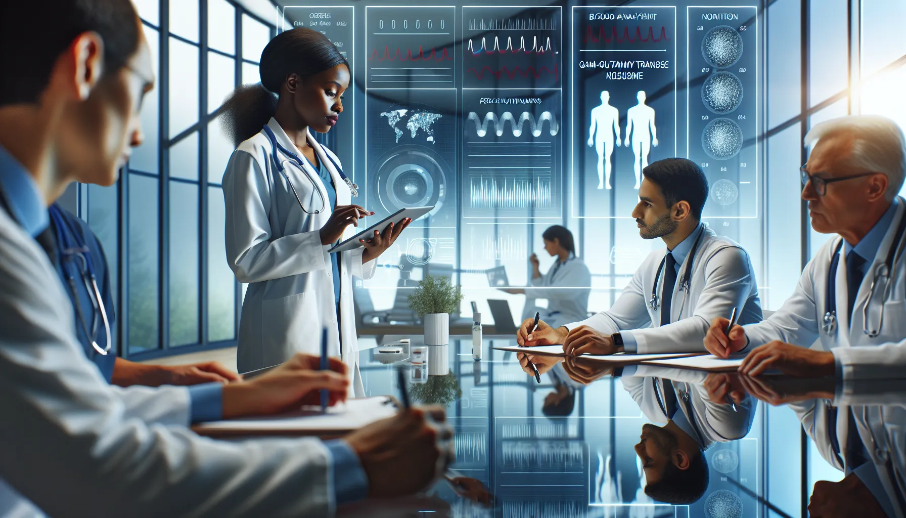 healthcare professionals discussing enzyme test results in a modern office.