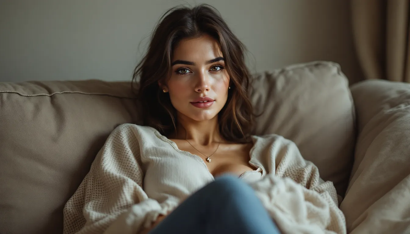 Woman sitting peacefully in a dimly lit living room with screens turned off.