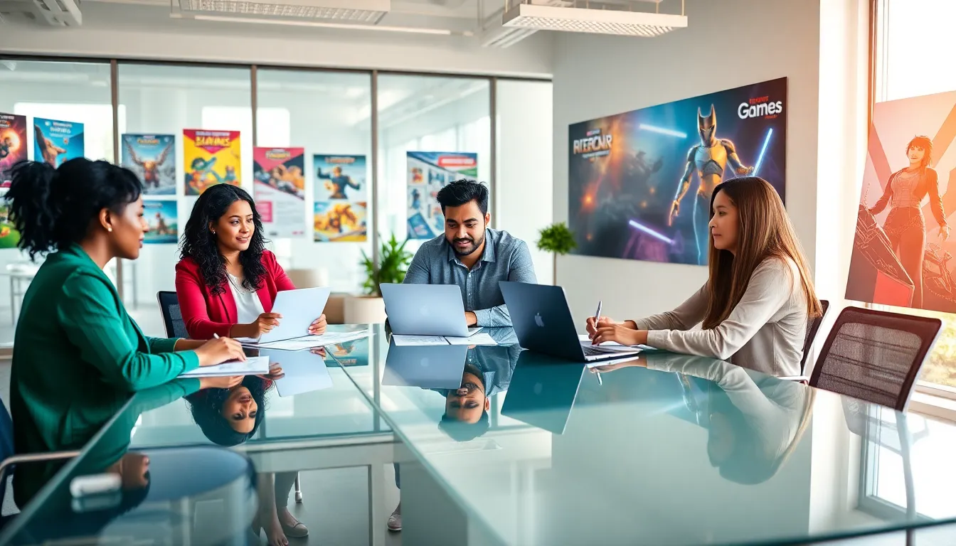 diverse team collaborating in a modern gaming office.