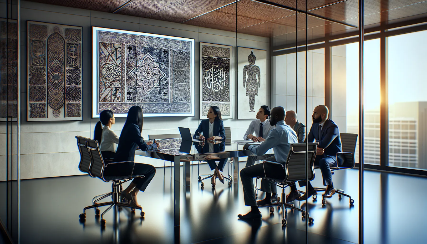 diverse team analyzing historical visual patterns in a modern office.