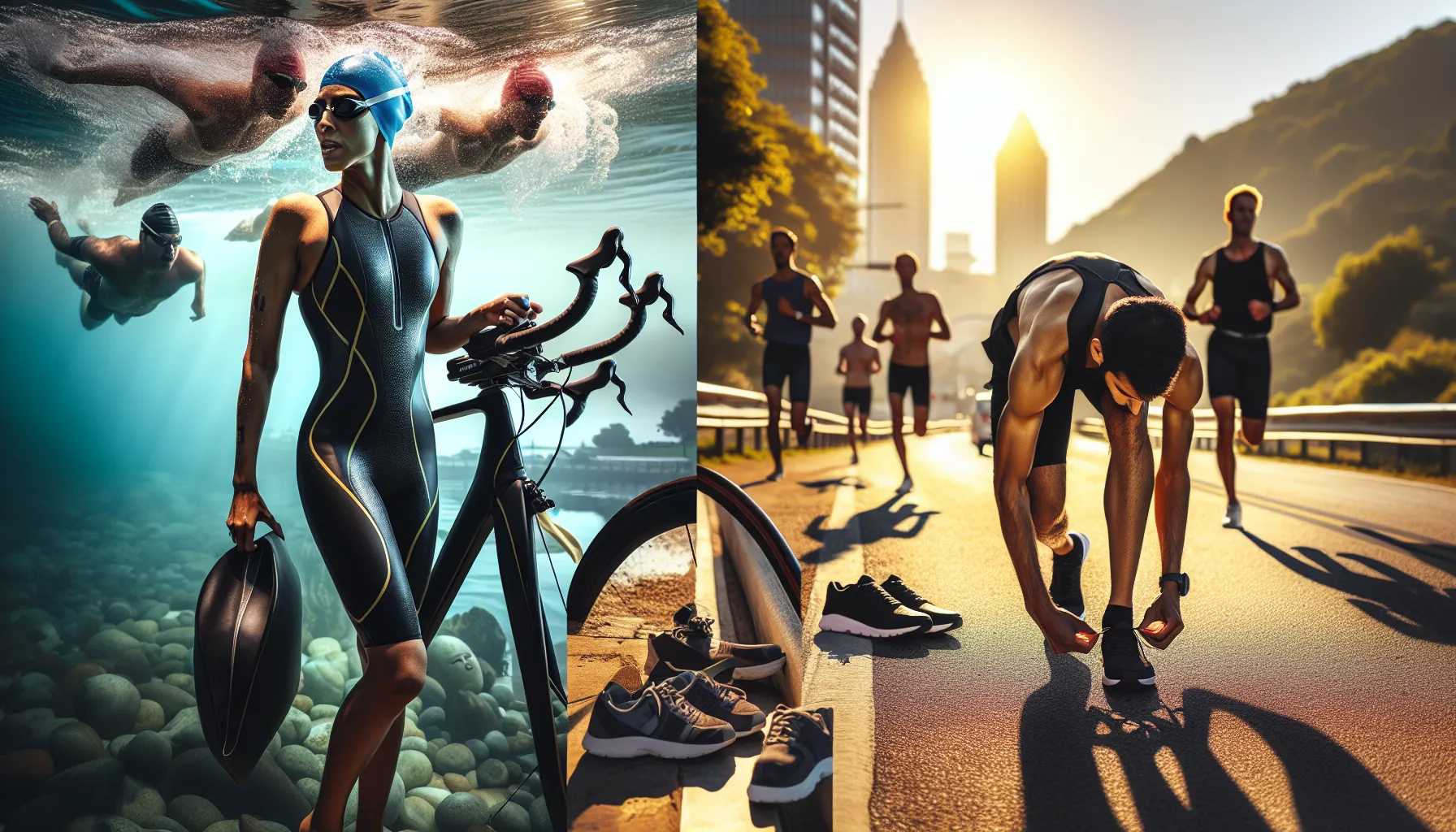 A triathlete prepares a bike next to a swimmer, contrasted with a marathon runner tying shoes.