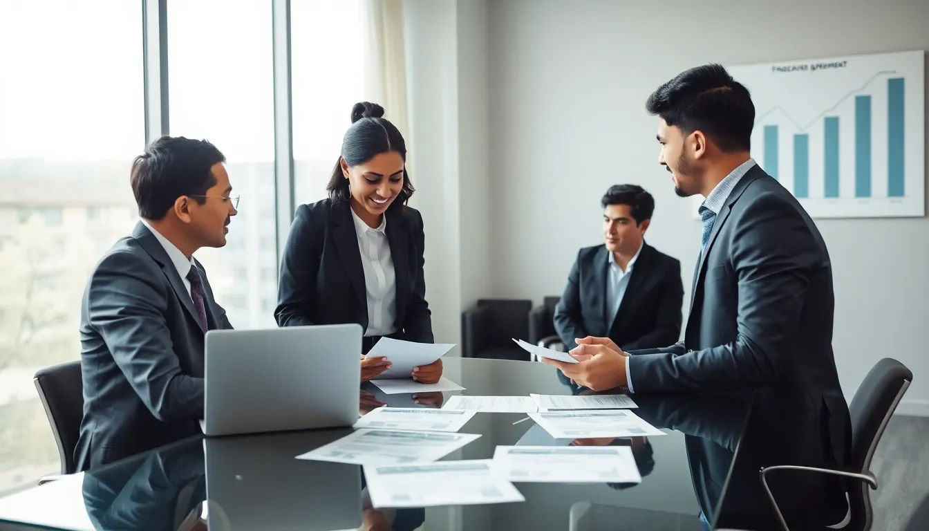 diverse financial advisors discussing forbearance agreements in an office.