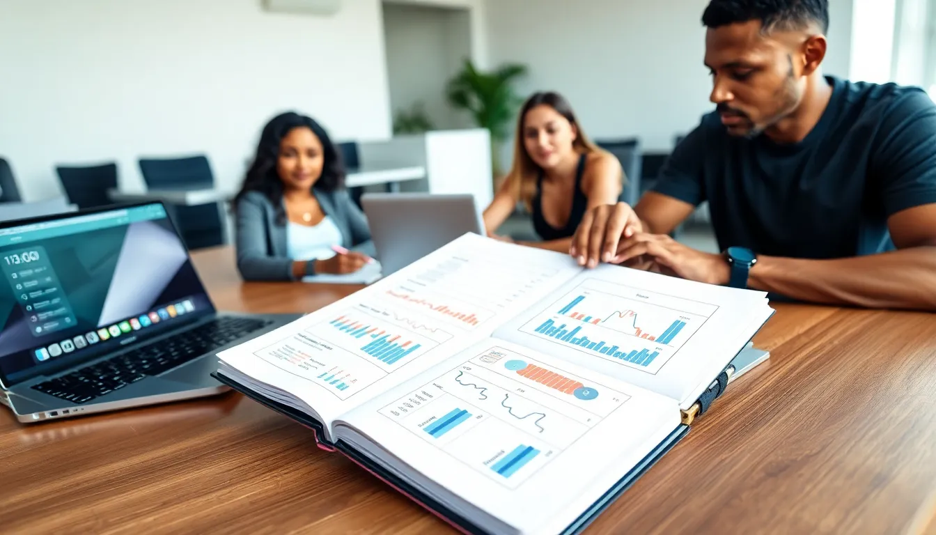 diverse group discussing fitness goals with a workout notebook in a modern office.