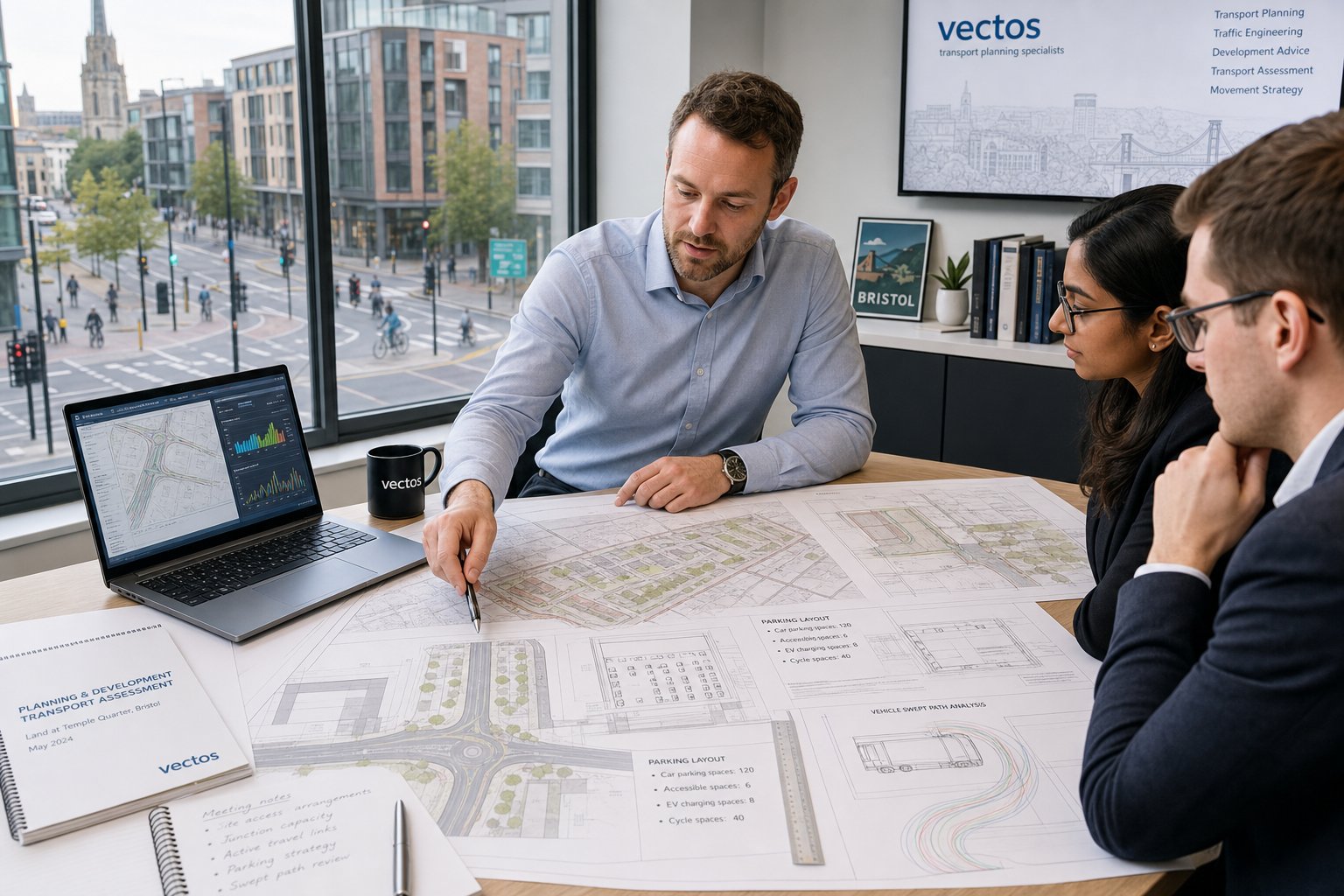 Traffic engineer reviewing Bristol planning and transport documents in a modern office.