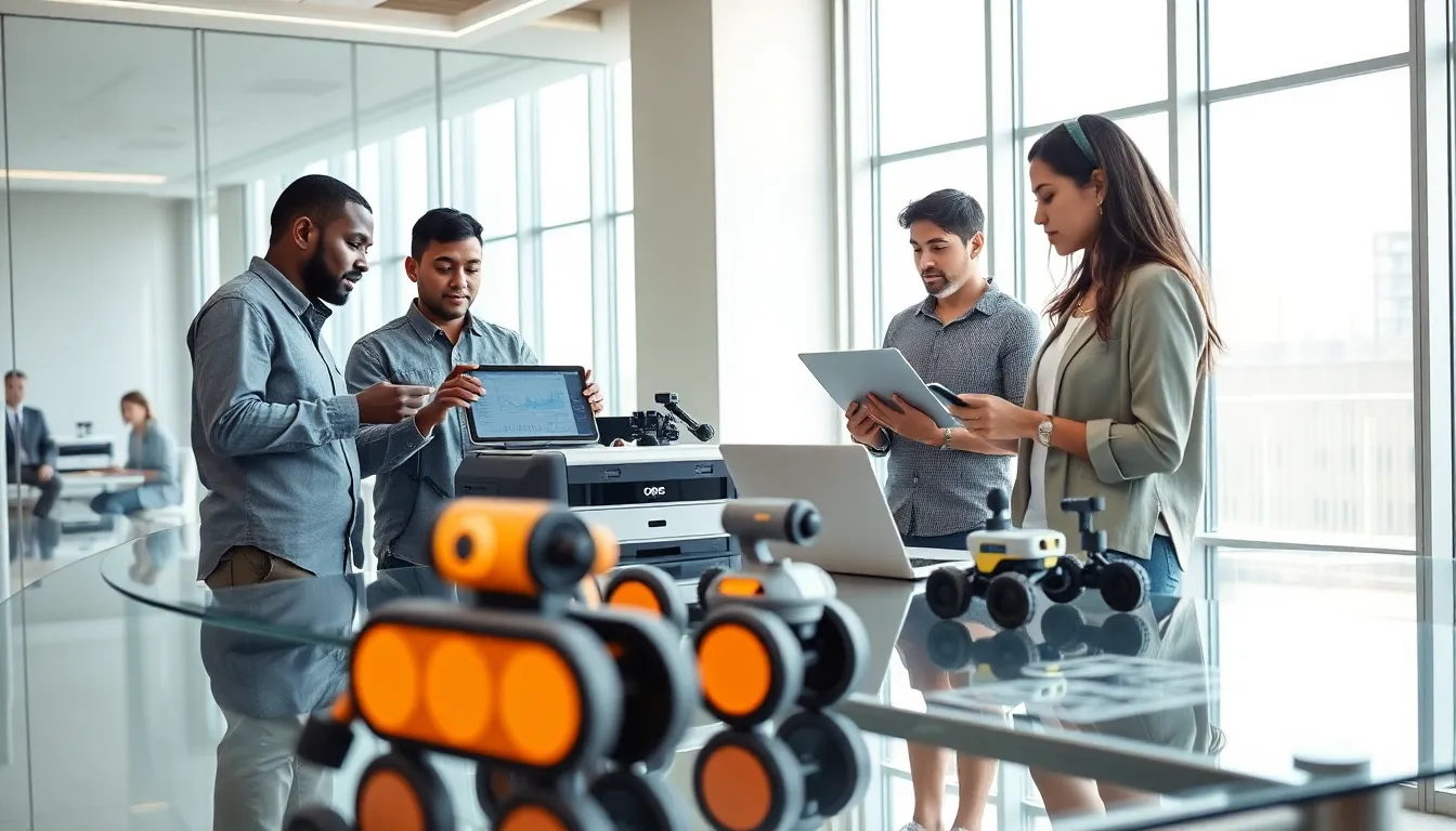 diverse team collaborating on robotic automation designs in a modern office.