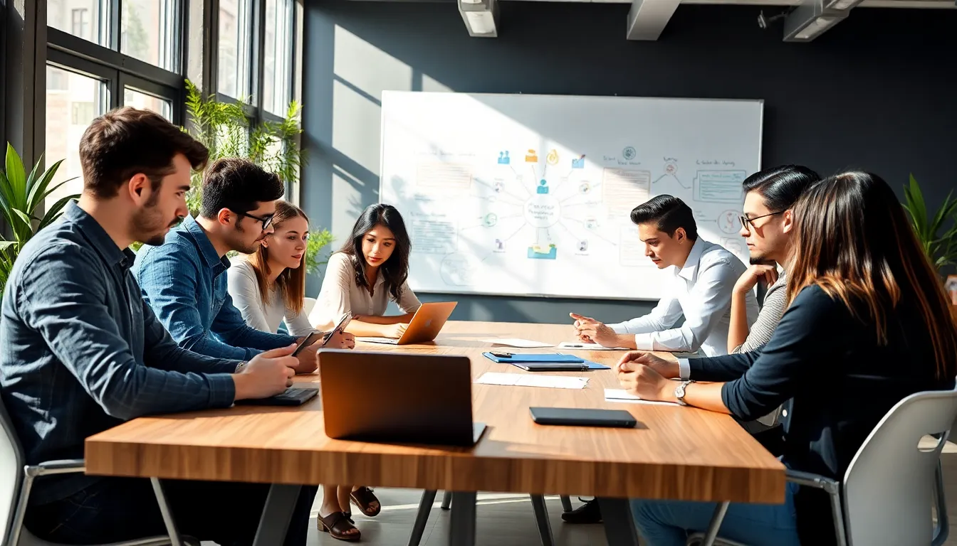 diverse group collaborating in a bright, modern workspace.