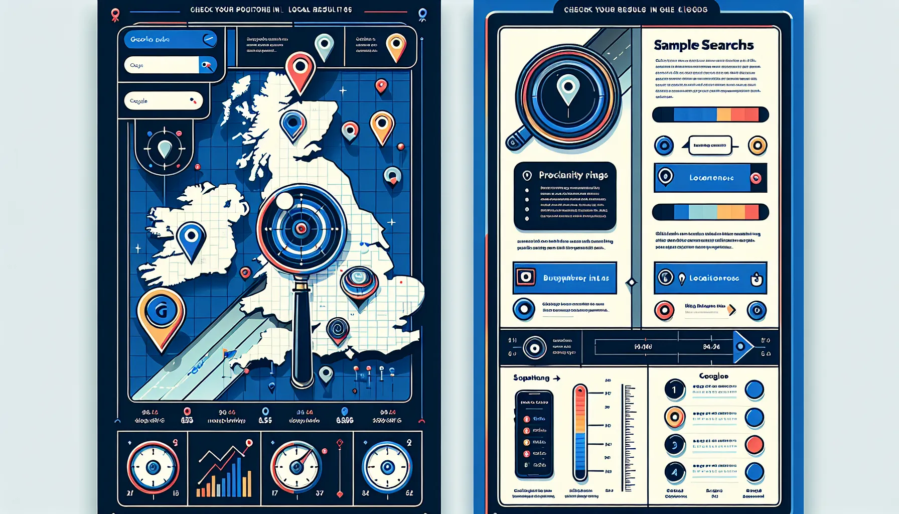 Infographic showing UK local Google rankings by proximity, locations, and map pack.