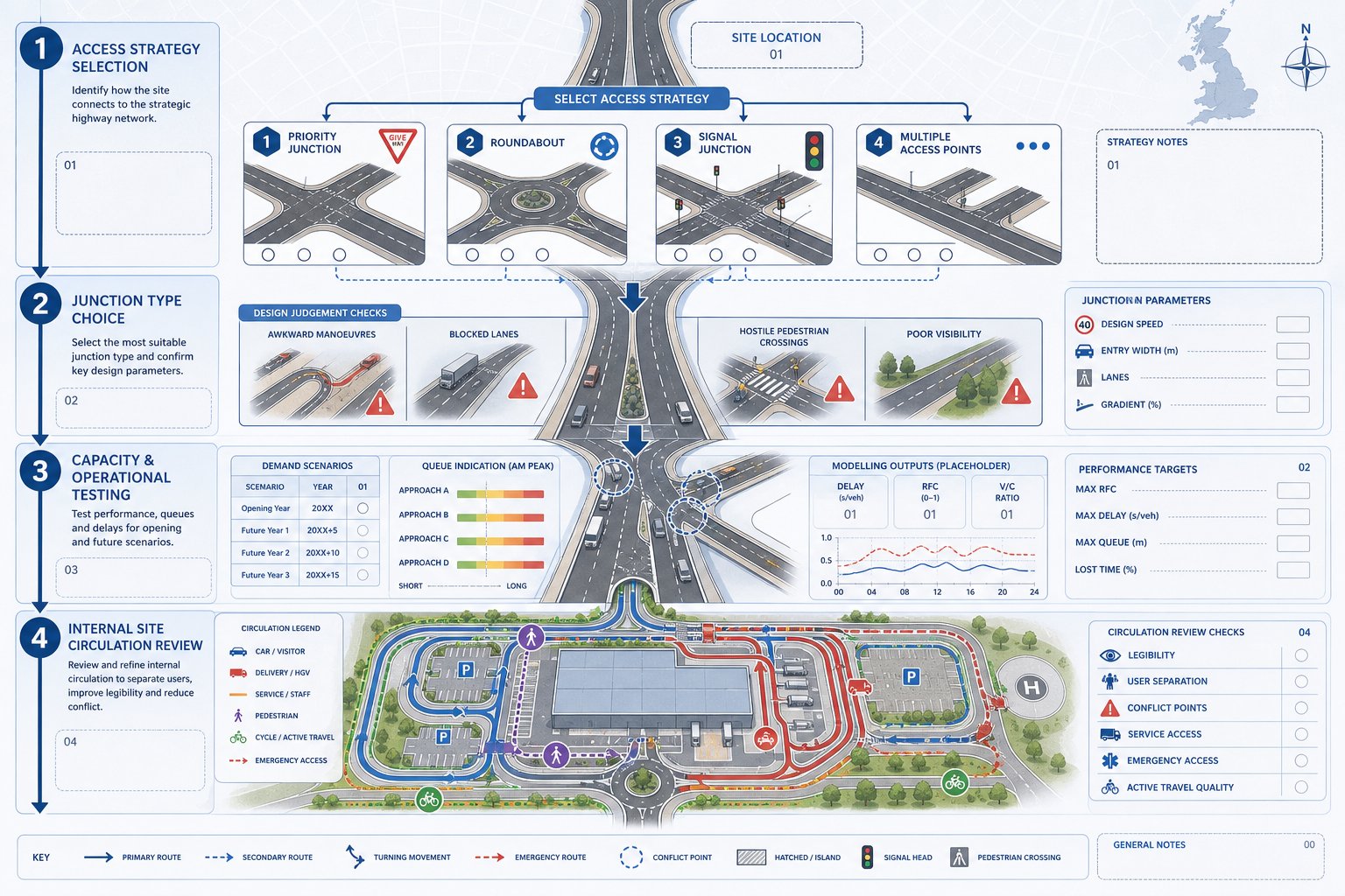 infographic showing UK junction design, access options, and traffic capacity analysis.
