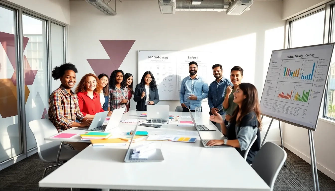 diverse team planning a budget-friendly event in a modern workspace.