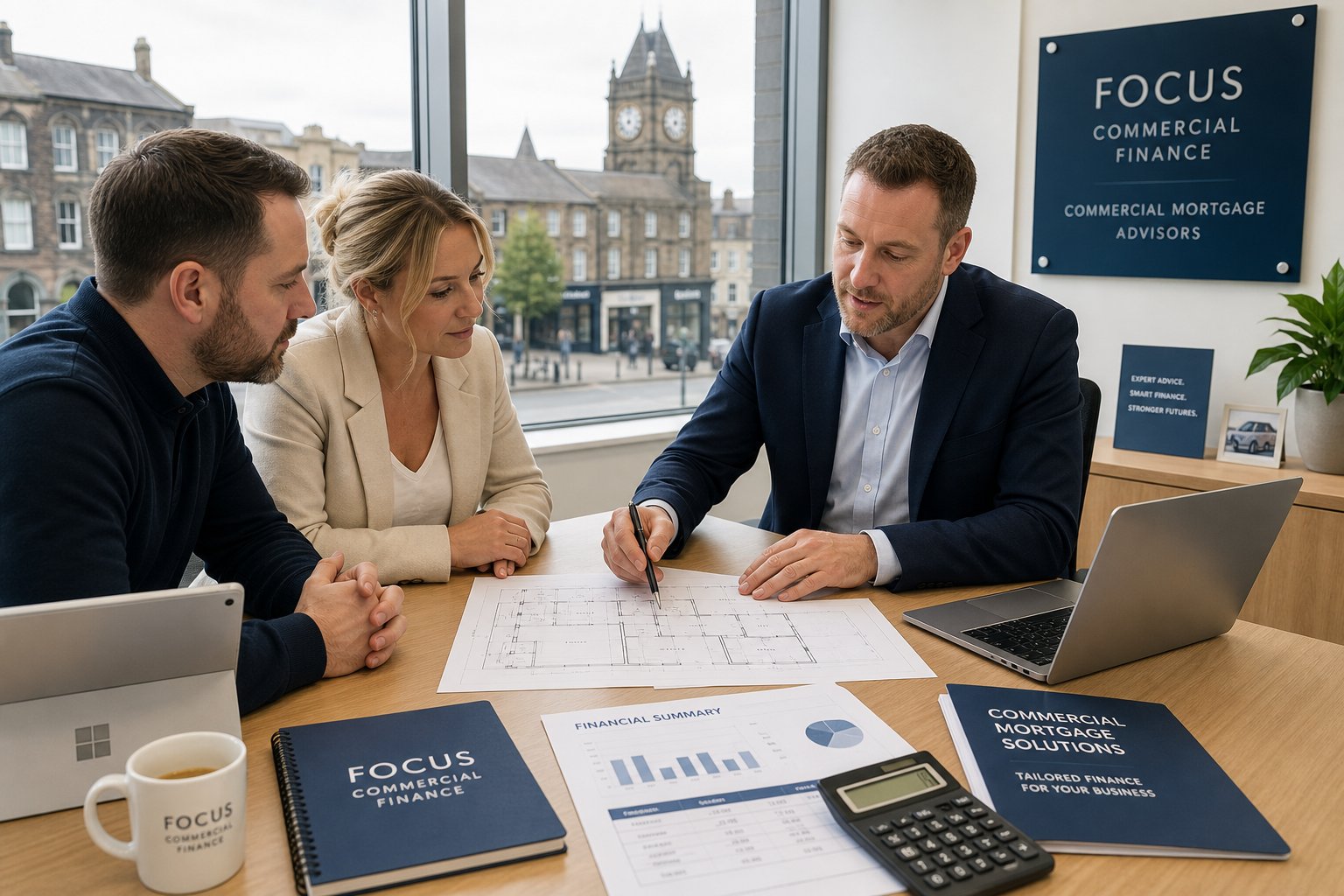 Commercial mortgage advisor meeting business owners in a bright office reviewing property documents and plans.