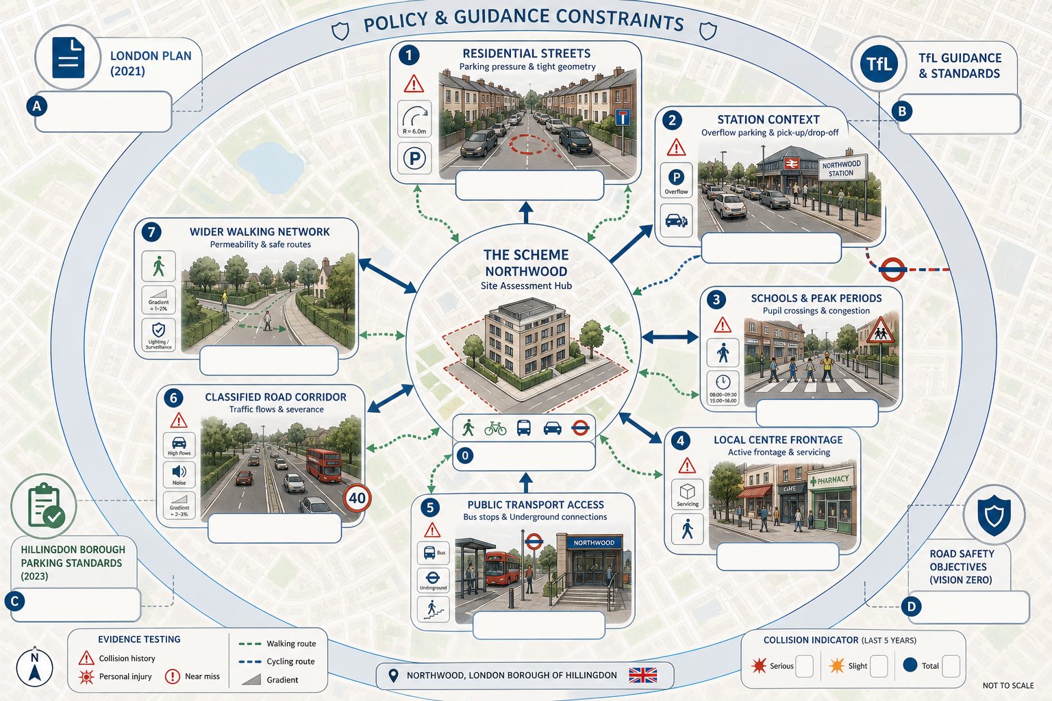 Infographic of Northwood development traffic, parking, safety and transport planning factors.