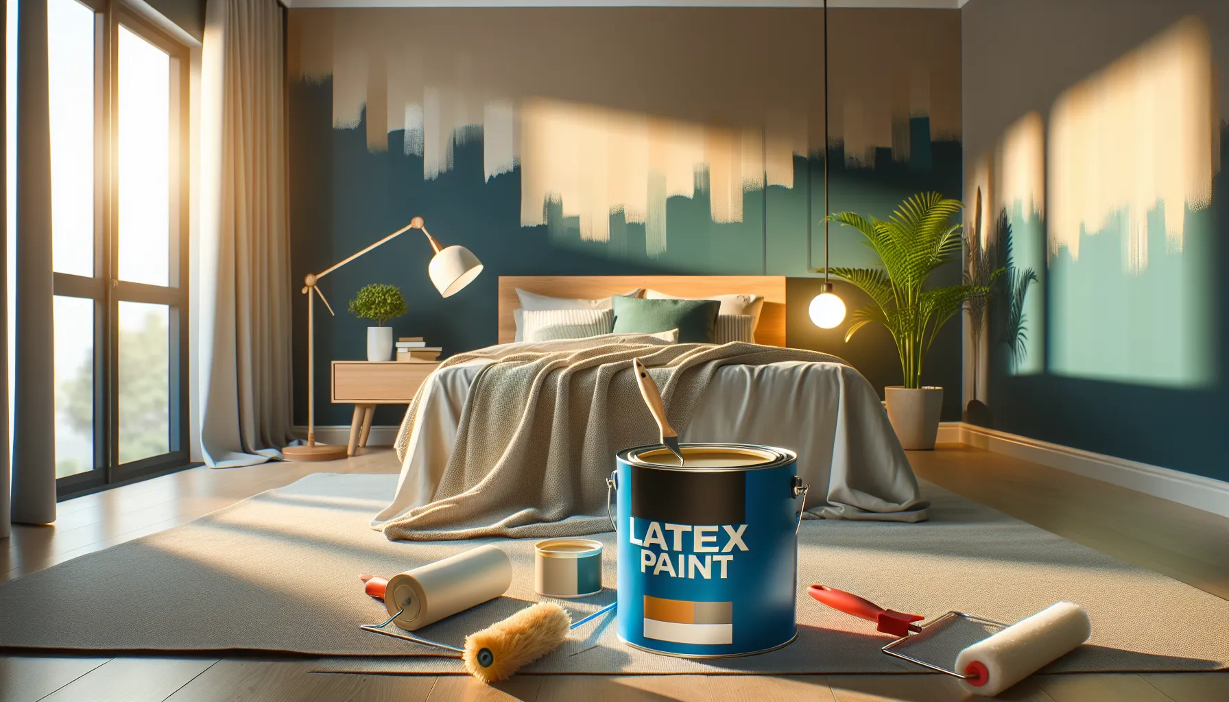 A freshly painted wall with tools, illustrating latex paint application in a home.