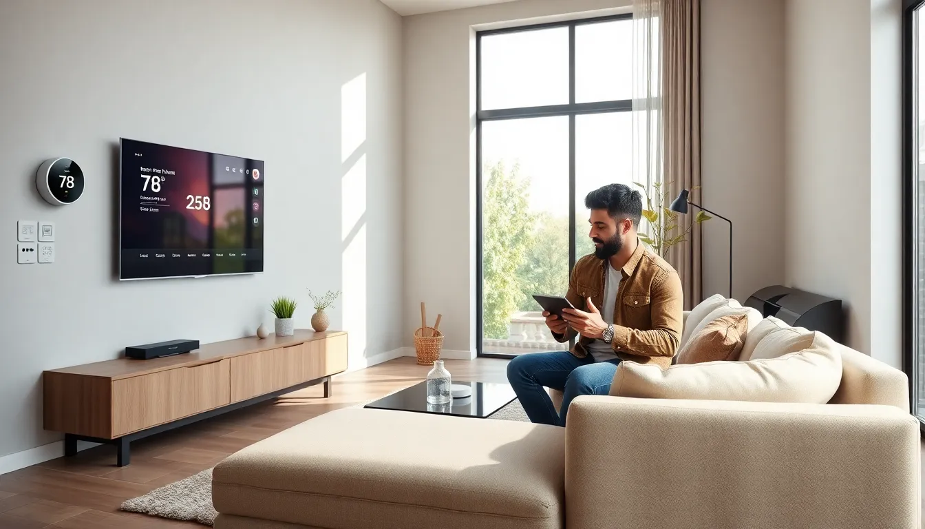modern living room showcasing smart home technology with diverse individuals.