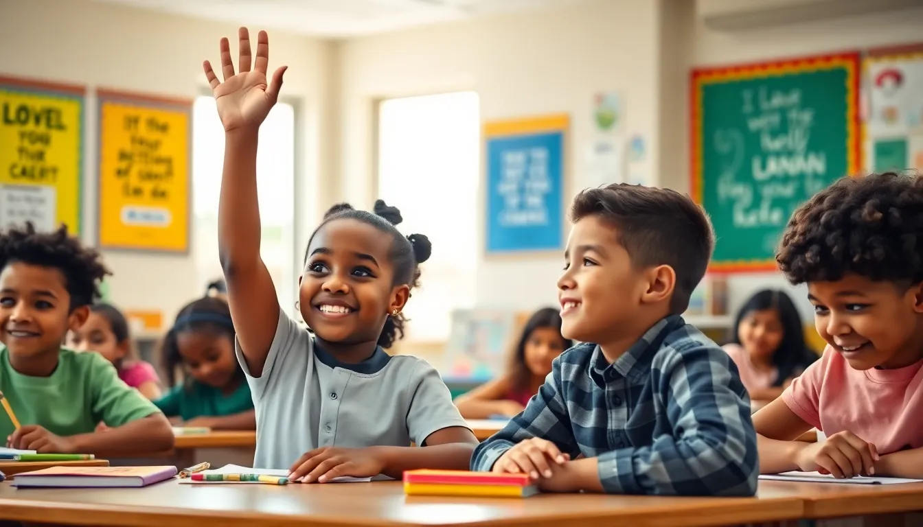 diverse kids in a bright classroom sharing motivational moments.