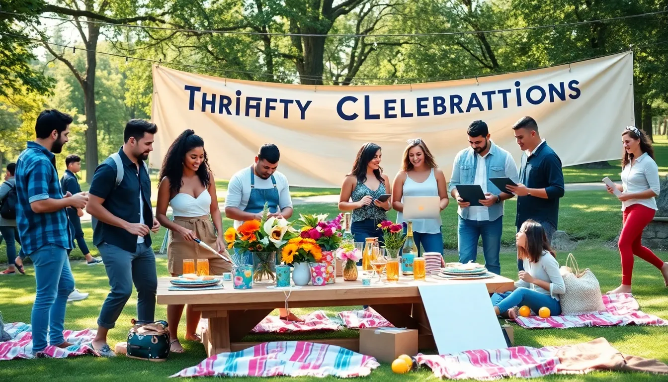 diverse group celebrating a thrifty outdoor event with DIY decorations.