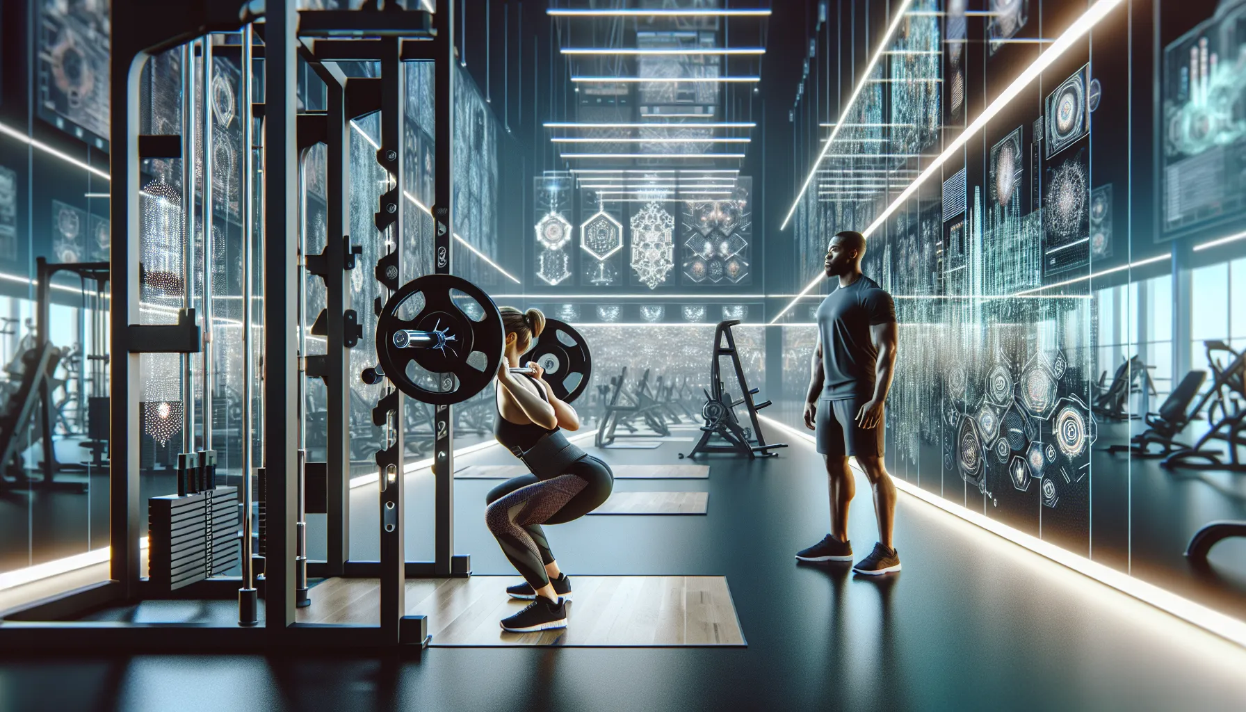 Individuals performing barbell and Smith machine squats in a modern gym.
