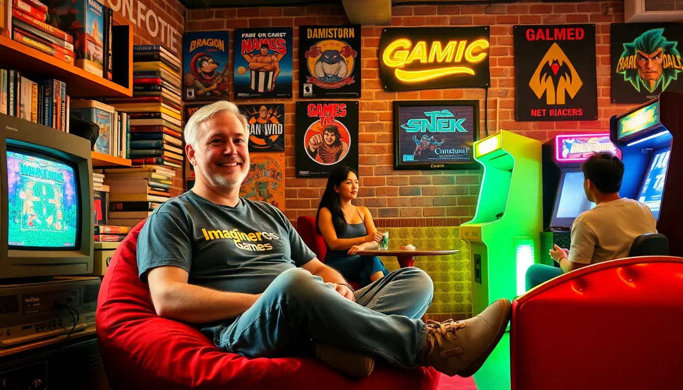 a gamer engaged in a retro gaming lounge filled with nostalgic memorabilia.