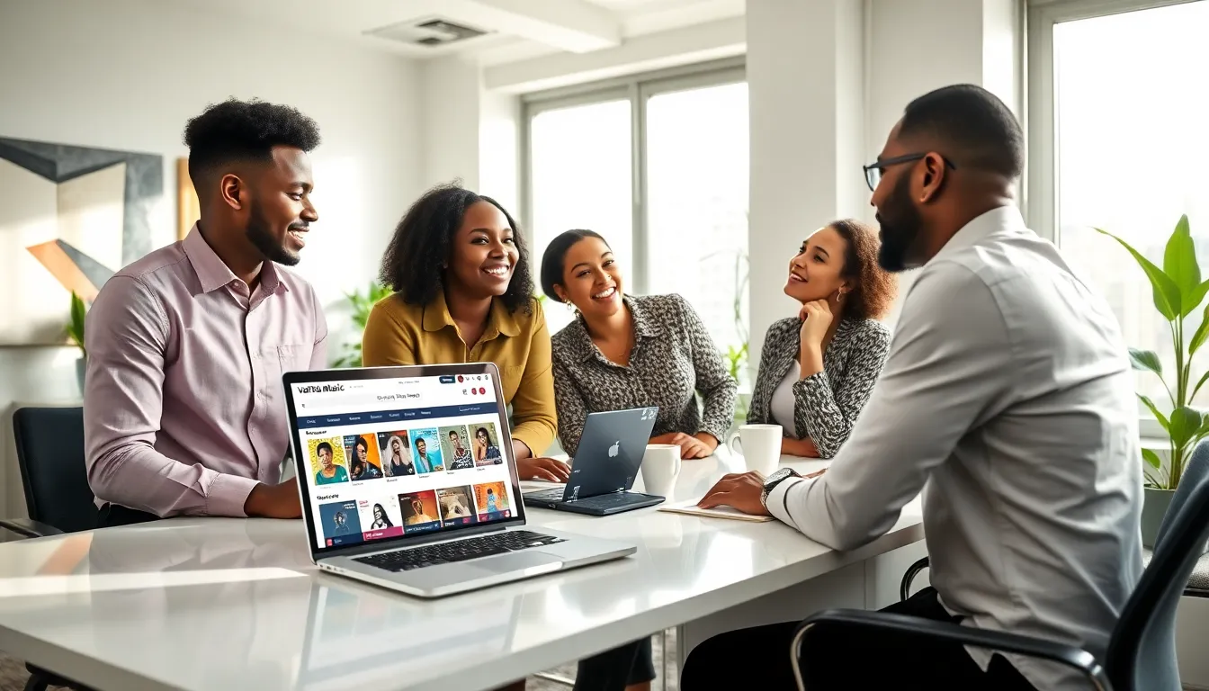 diverse professionals discussing Nigerian music in a modern office.