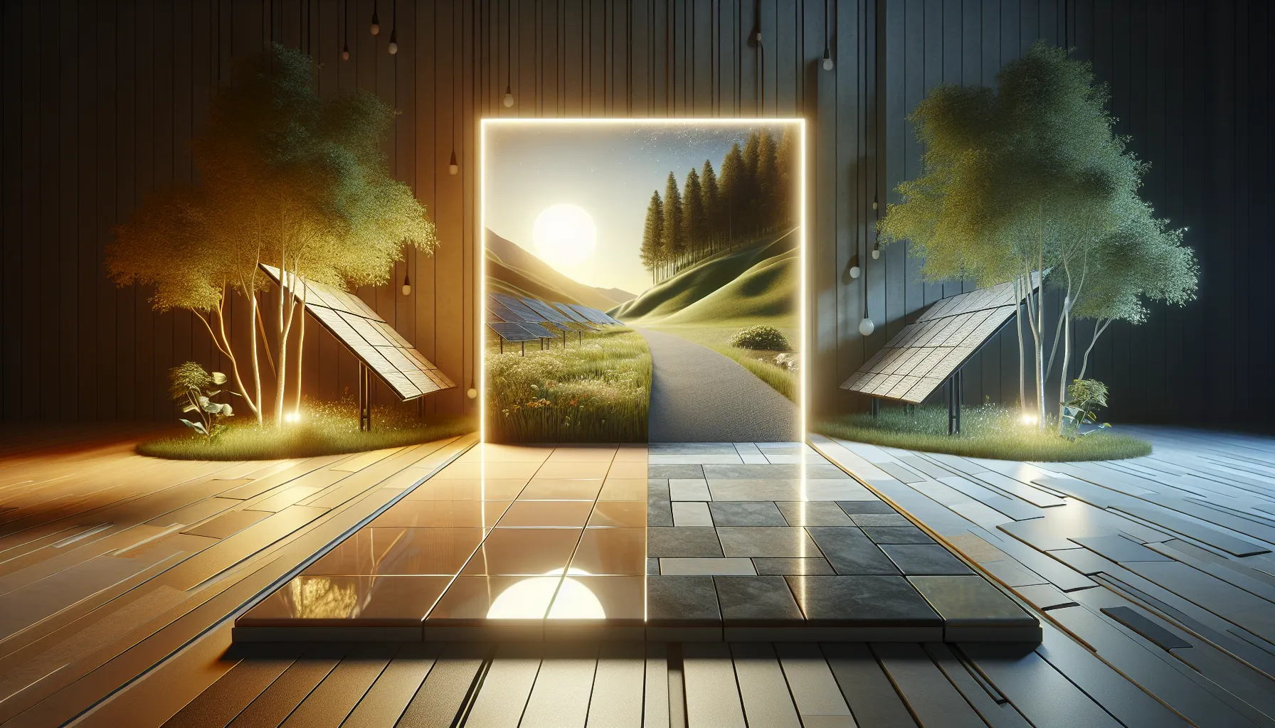 A comparison of porcelain and ceramic tiles on an eco-friendly backdrop.