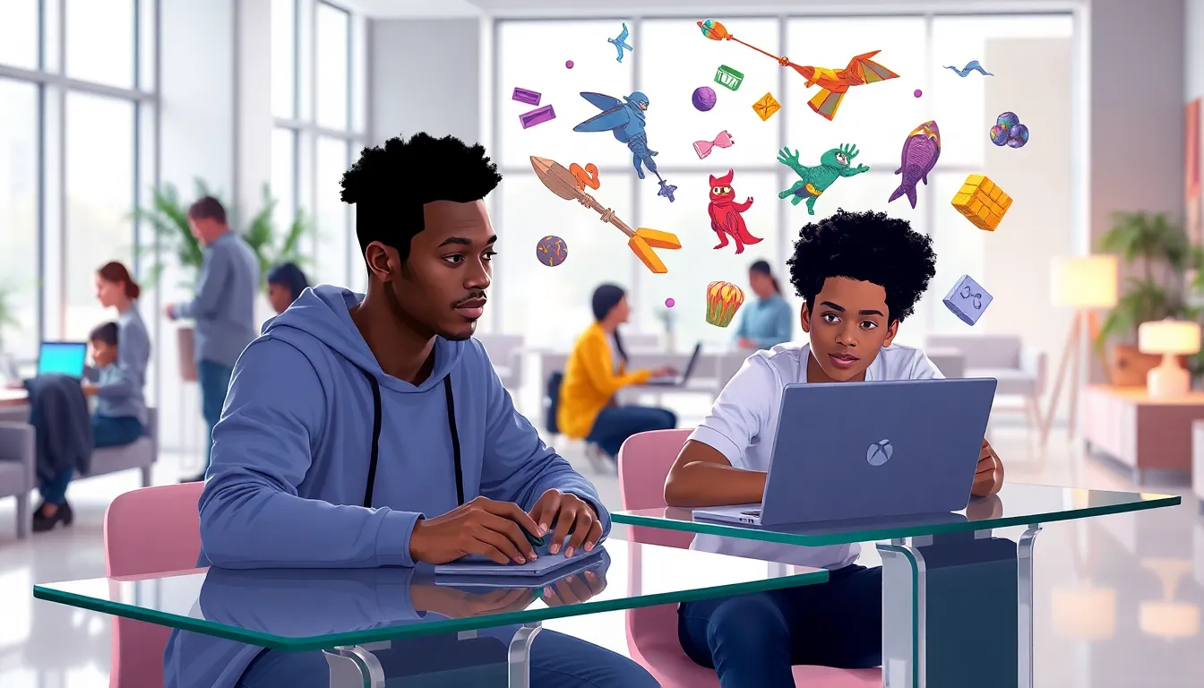 diverse gamers collaborating on Xbox Imagineergames in a modern office.