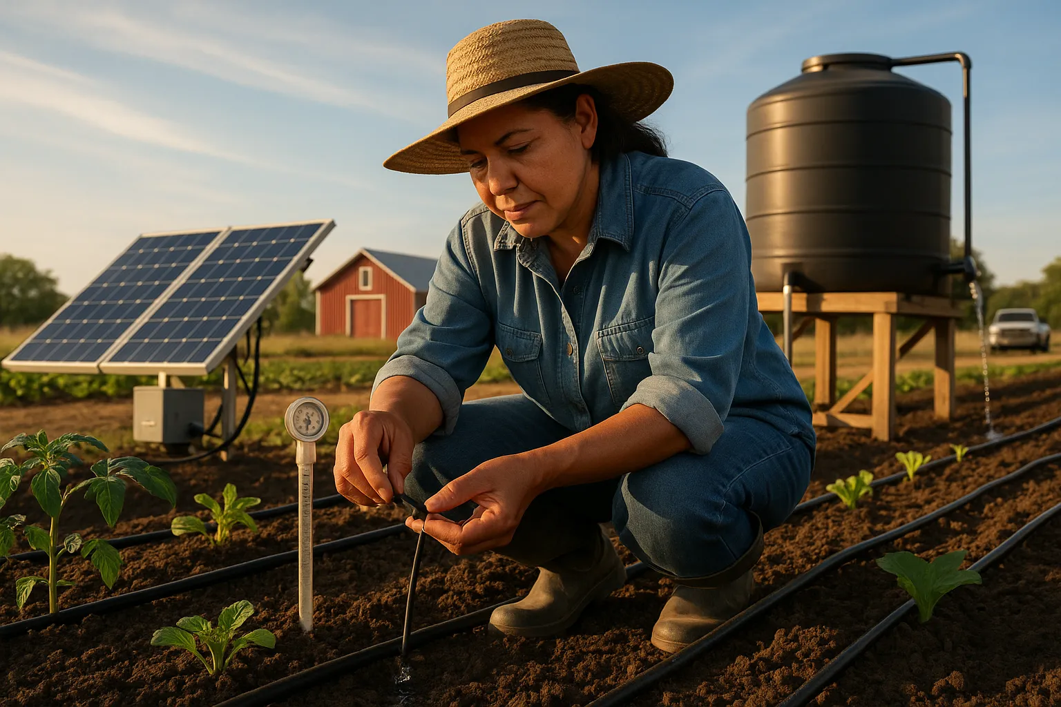 Farmer inspecting drip irrigation by solar panels and elevated rainwater tank.