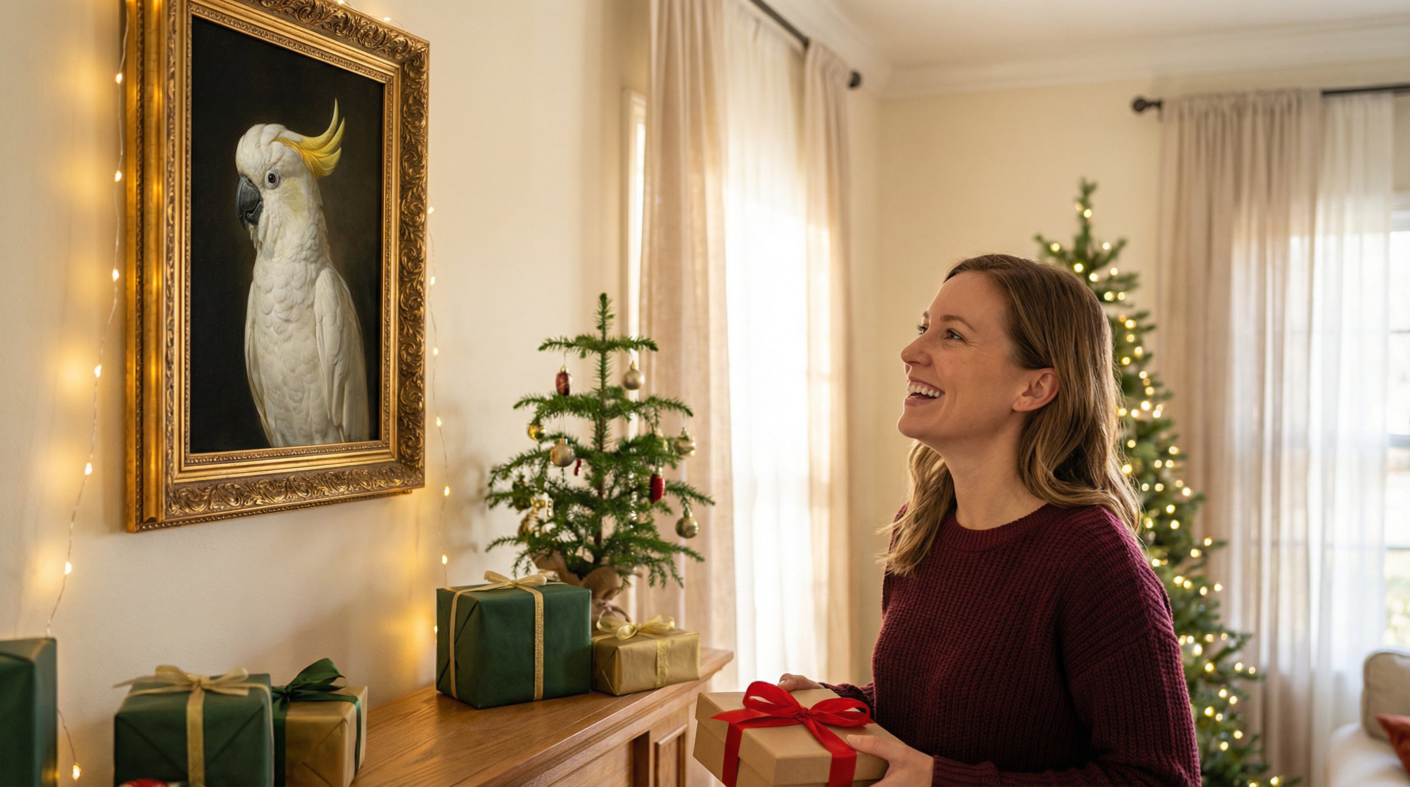 Framed custom cockatoo portrait on a living room wall at Christmas.