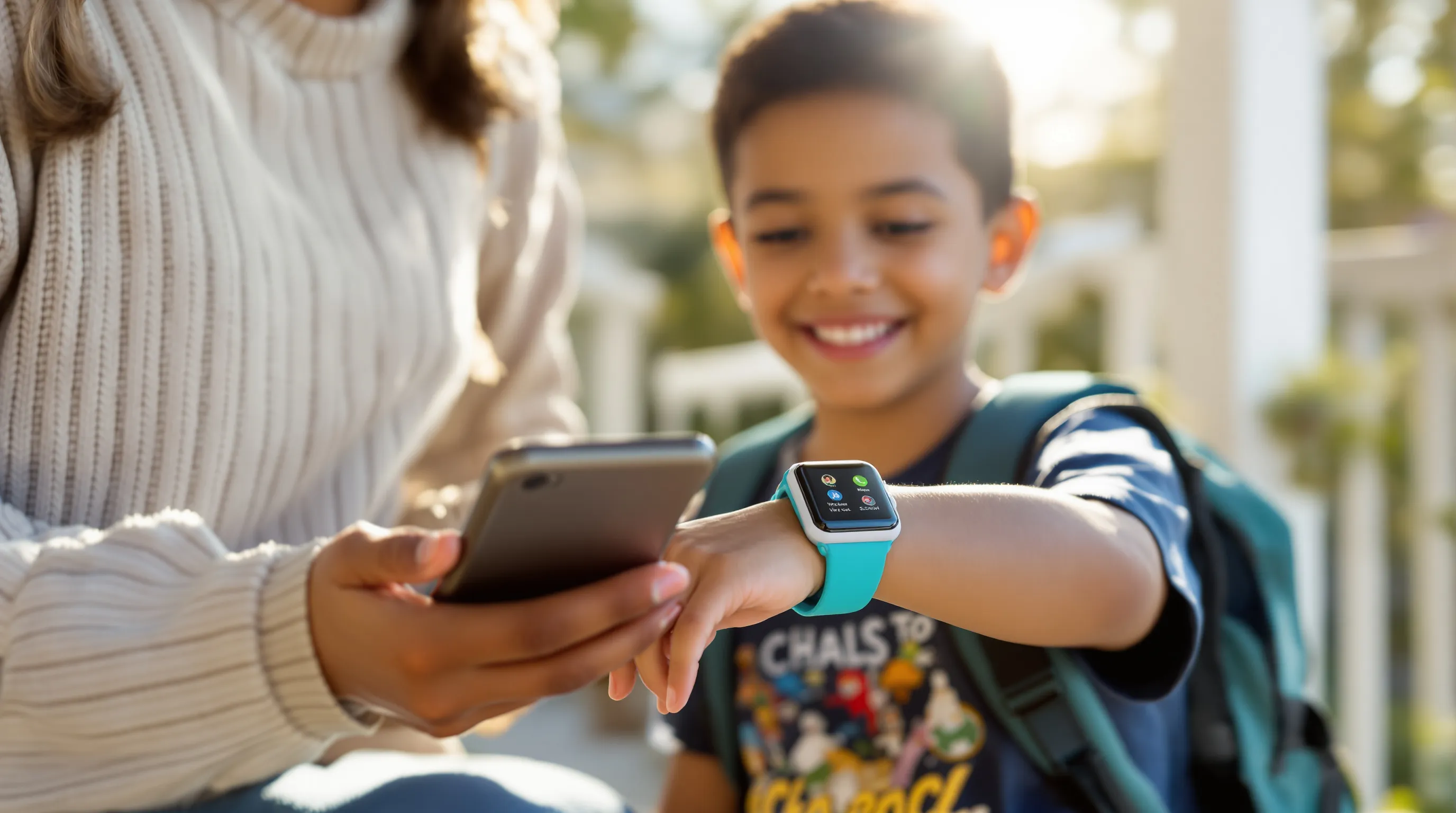 Child using a kids’ smartwatch while parent checks location on phone.