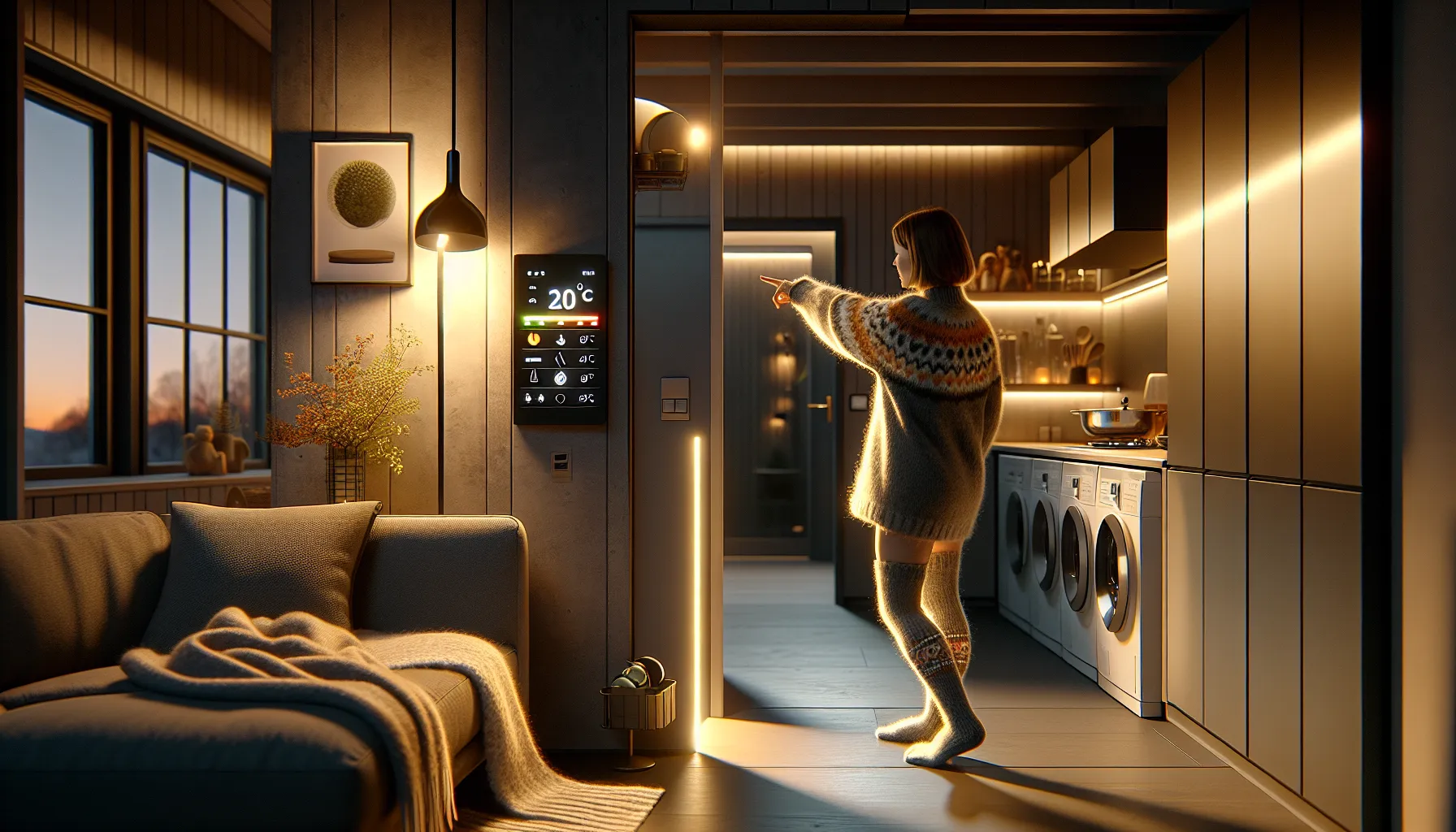 Norwegian woman in cozy apartment saving electricity with leds and timed appliances.