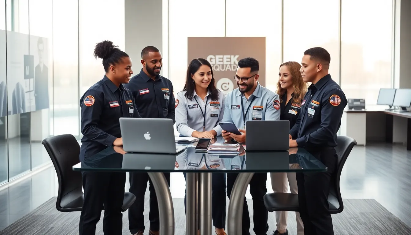 Diverse Geek Squad technicians discussing tech support services at a conference table.