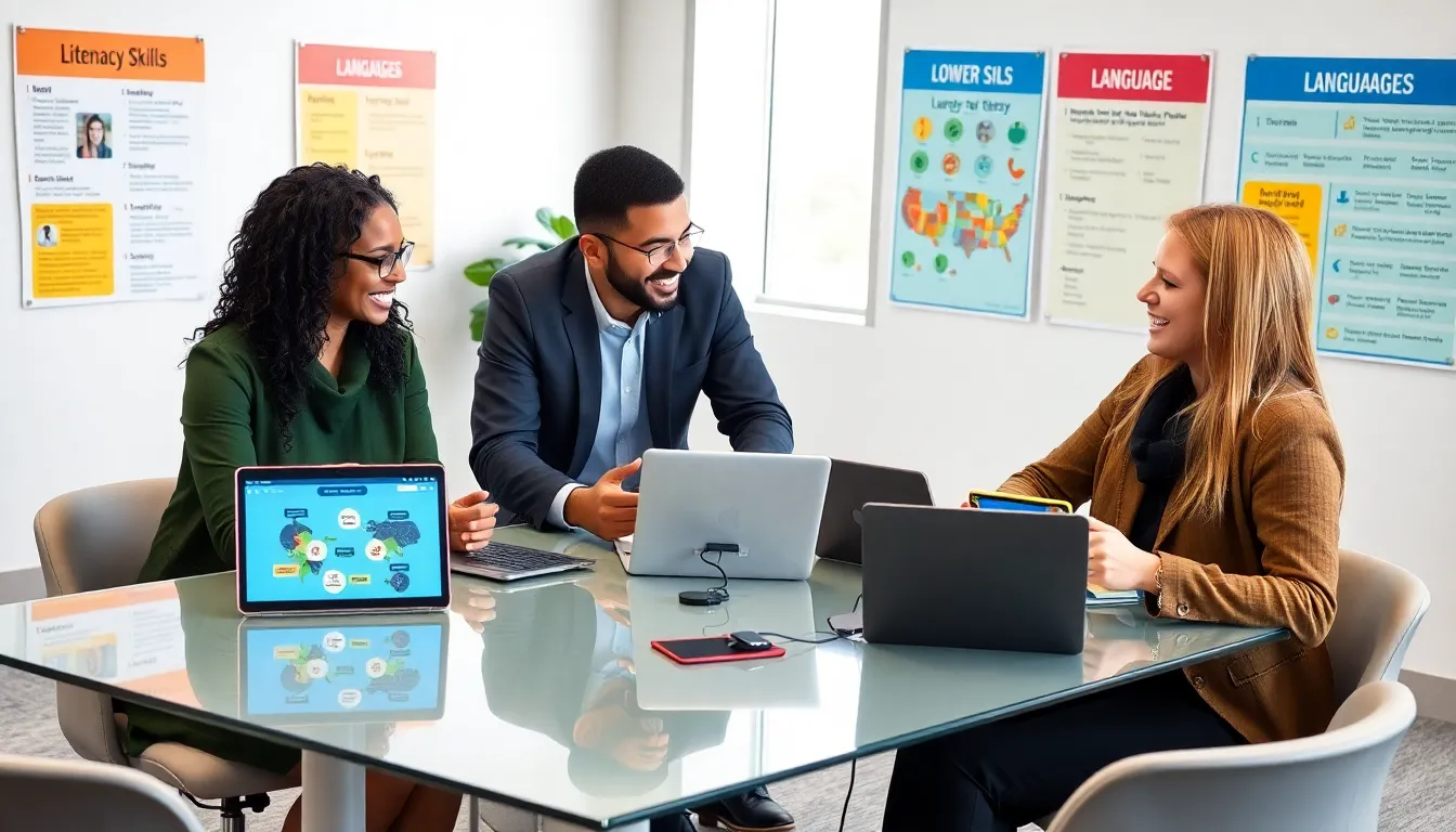 diverse group collaborating in a modern classroom on language skills.
