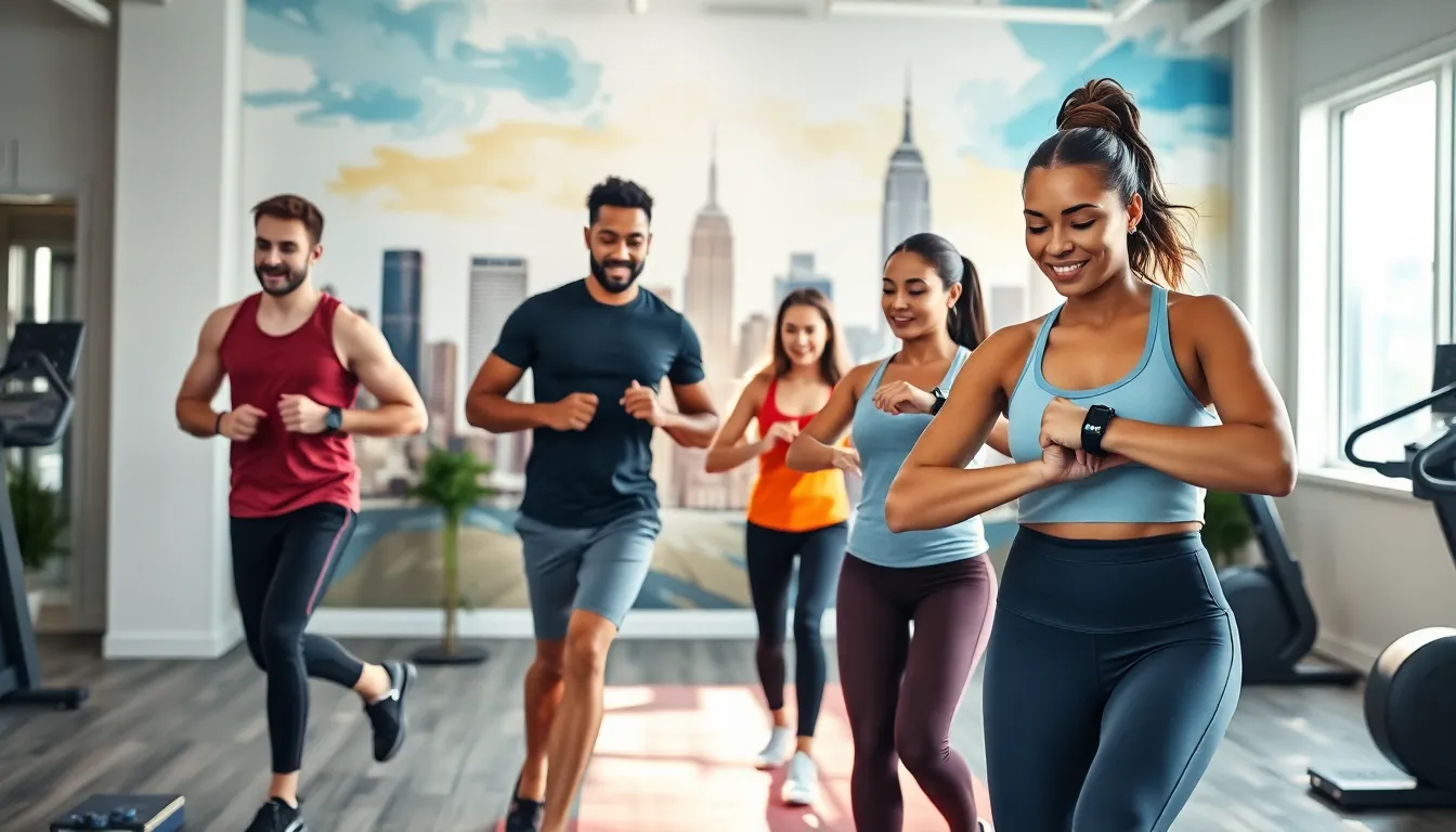 diverse individuals training with sports wearables in a modern fitness studio.