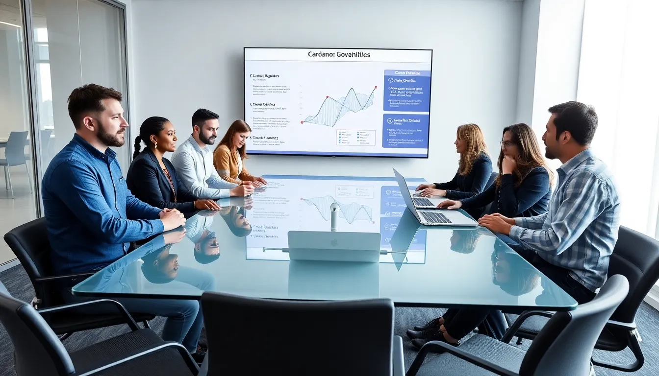 diverse professionals discussing Cardano cryptocurrency developments in a modern office.