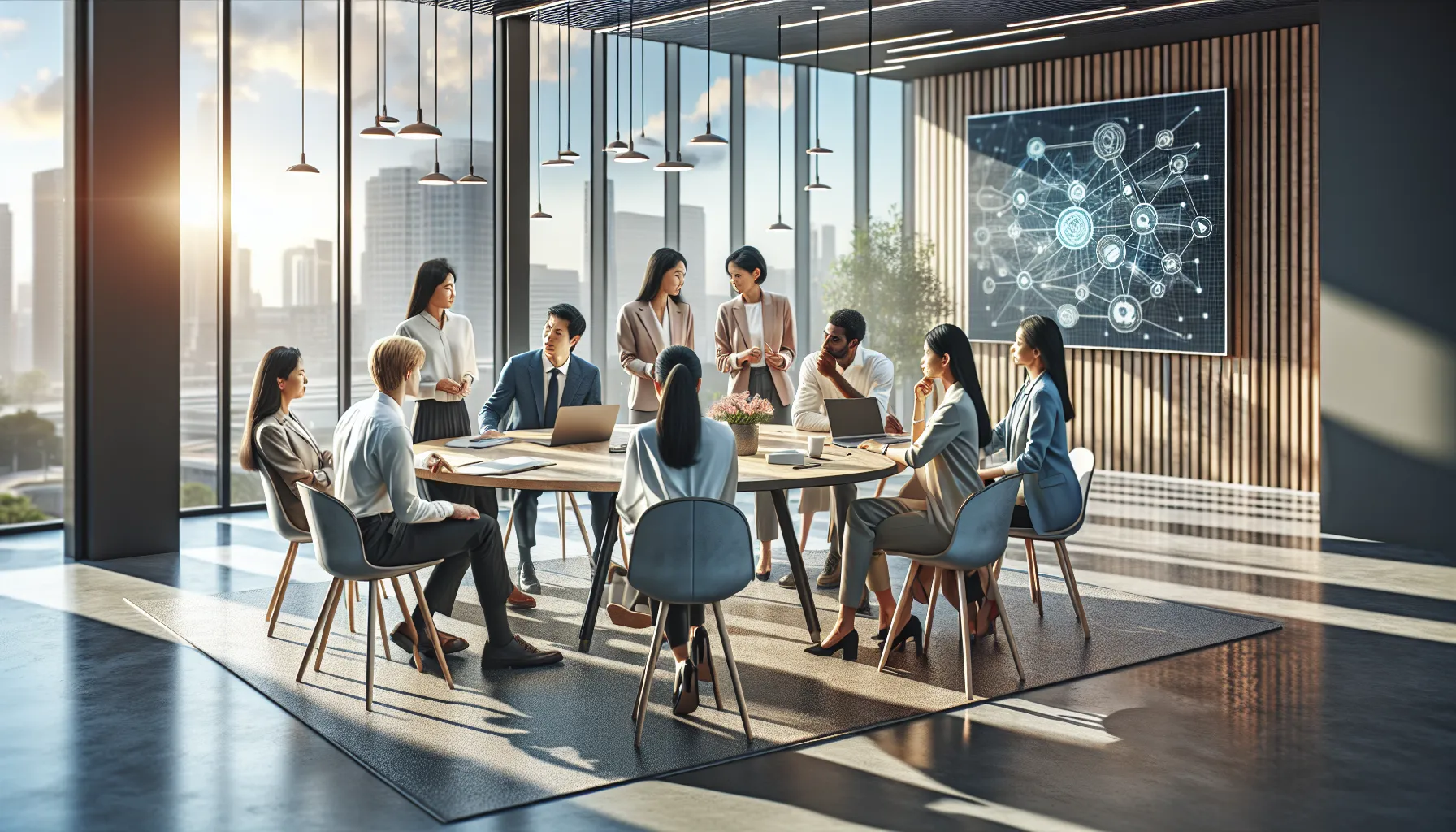 diverse professionals collaborating in a modern classroom