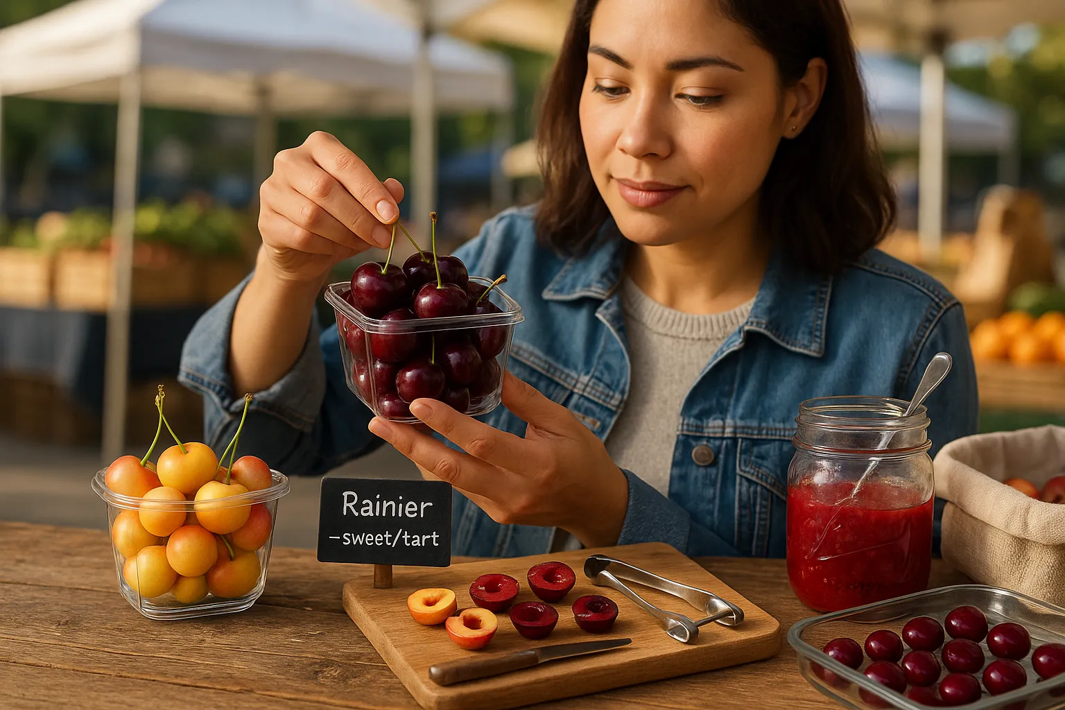 Shopper inspecting two pints of sweet and Rainier cherries at a market.