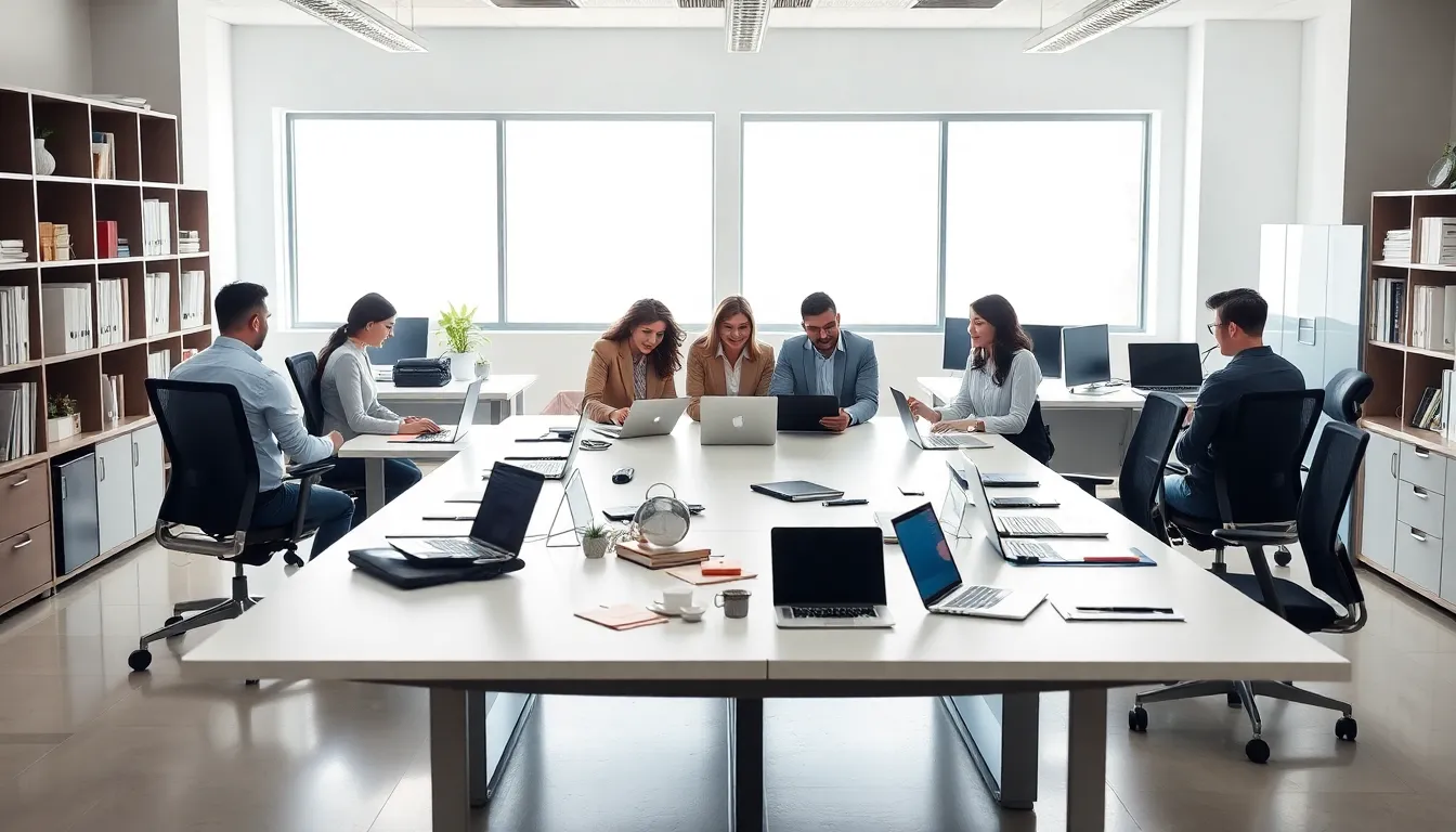 a modern office with organized furniture and diverse professionals collaborating.