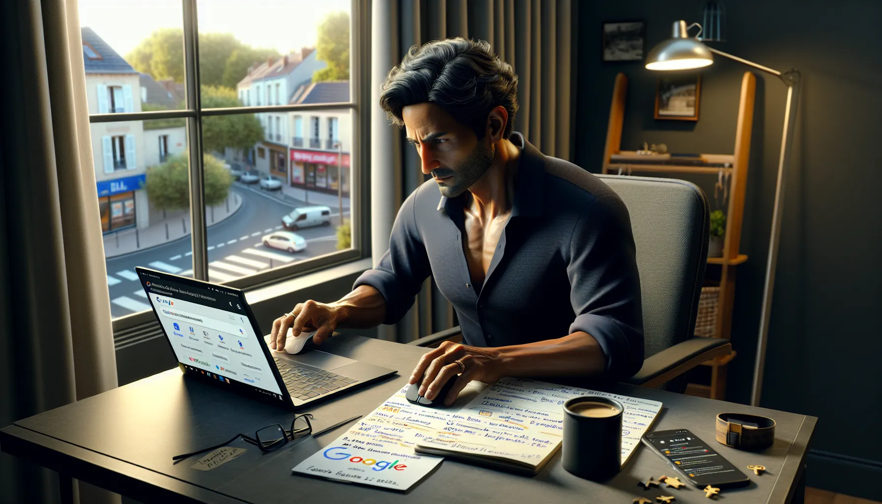 Business owner in Vincennes studying Google local search results on a laptop.