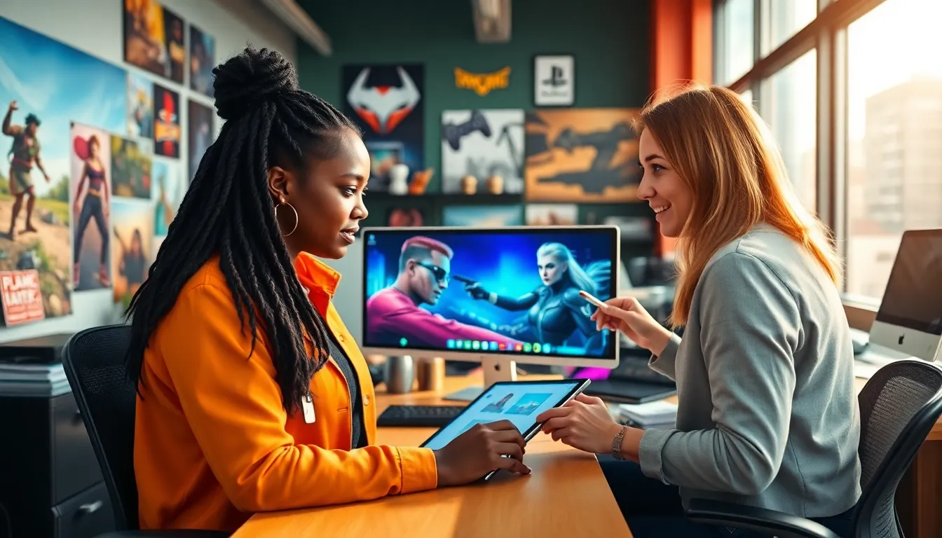 Diverse game developers collaborating in a vibrant studio for ImagineerGames.