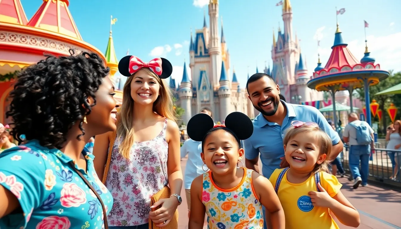 A diverse family enjoying a theme park with Disney characters.