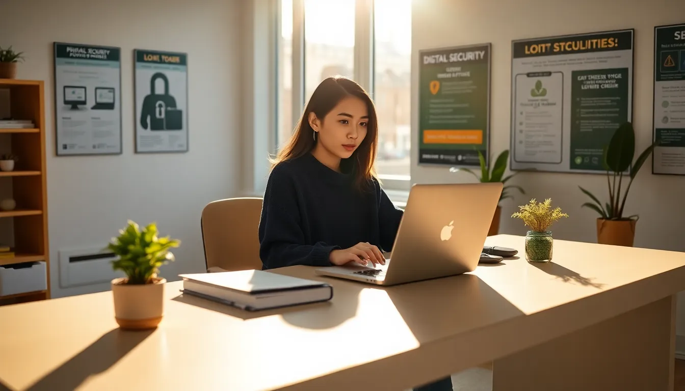 a young woman in an office focused on cybersecurity materials and her laptop.