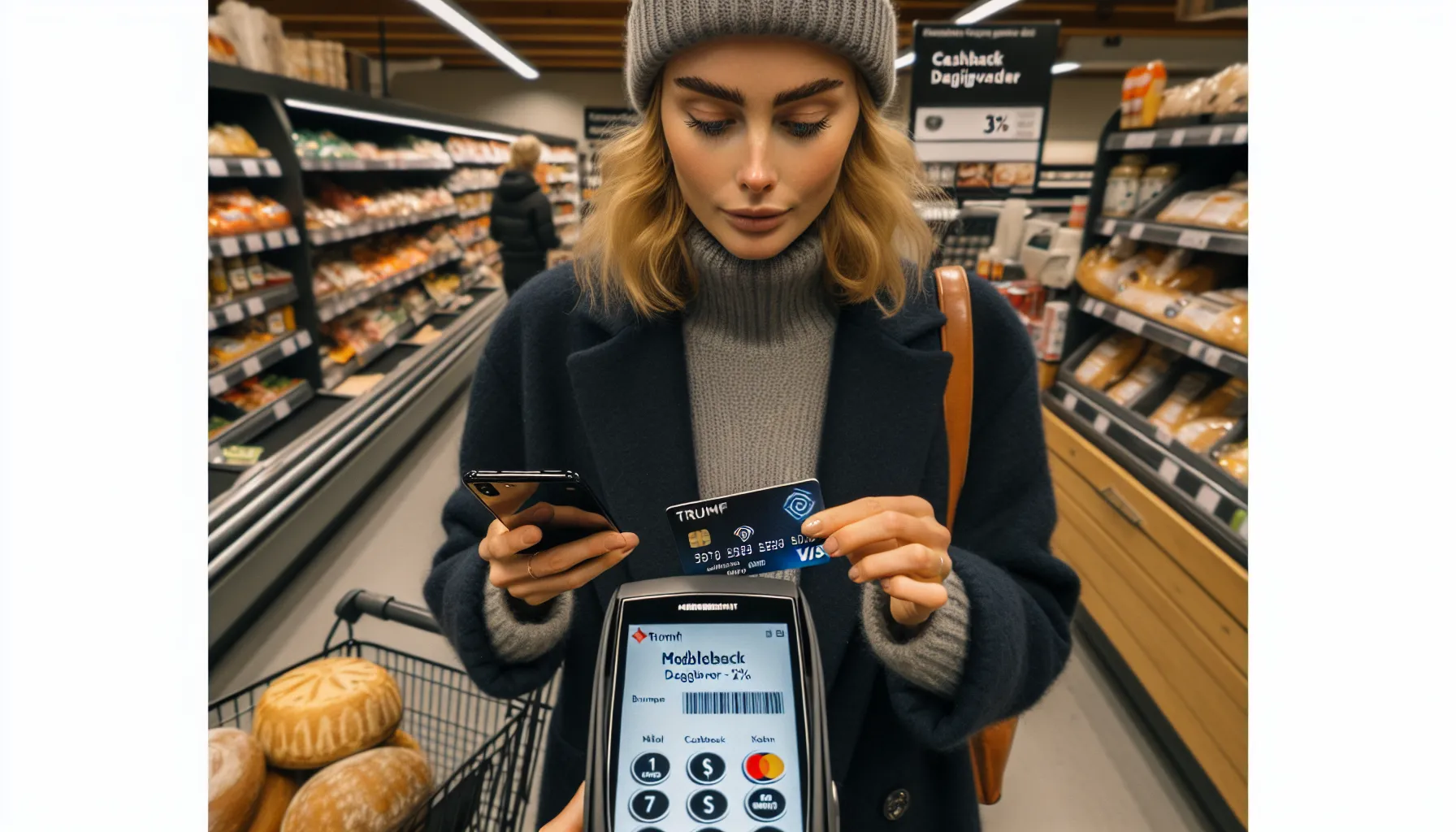 Slik kan du kombinere medlemsklubber og kredittkortfordeler 2 Shopper stacking membership and credit card rewards at a norwegian grocery checkout.