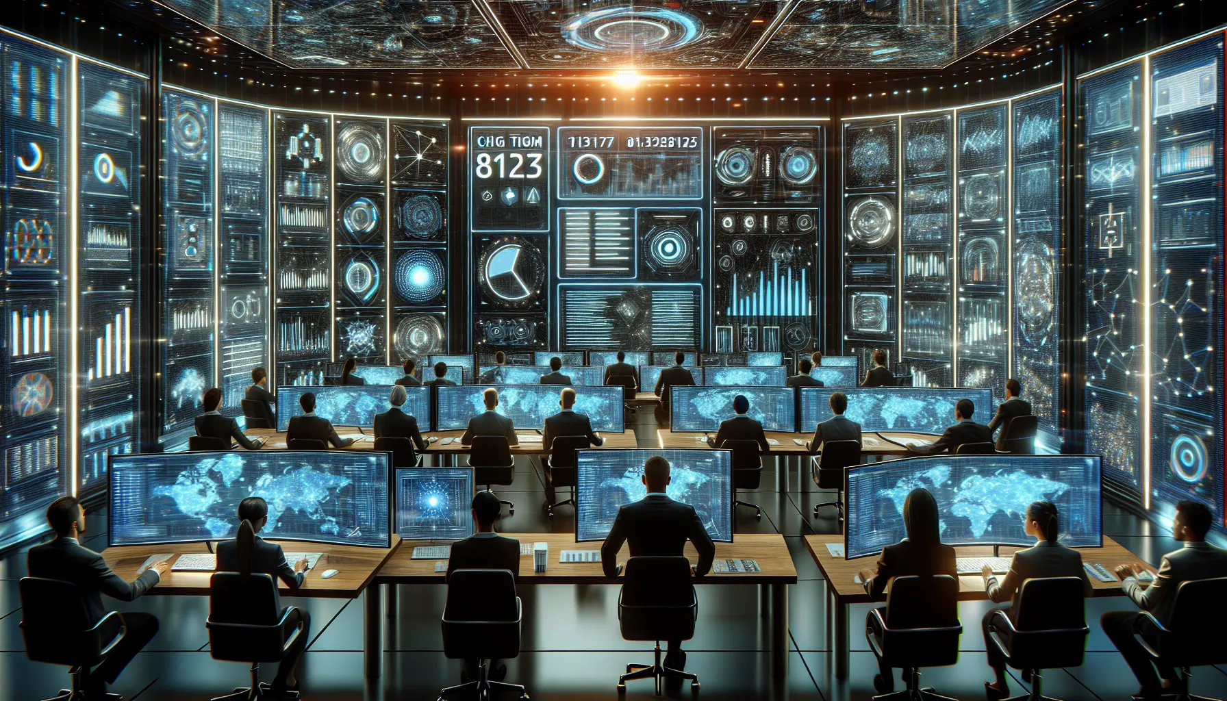 futuristic control room analyzing telecommunications innovations.