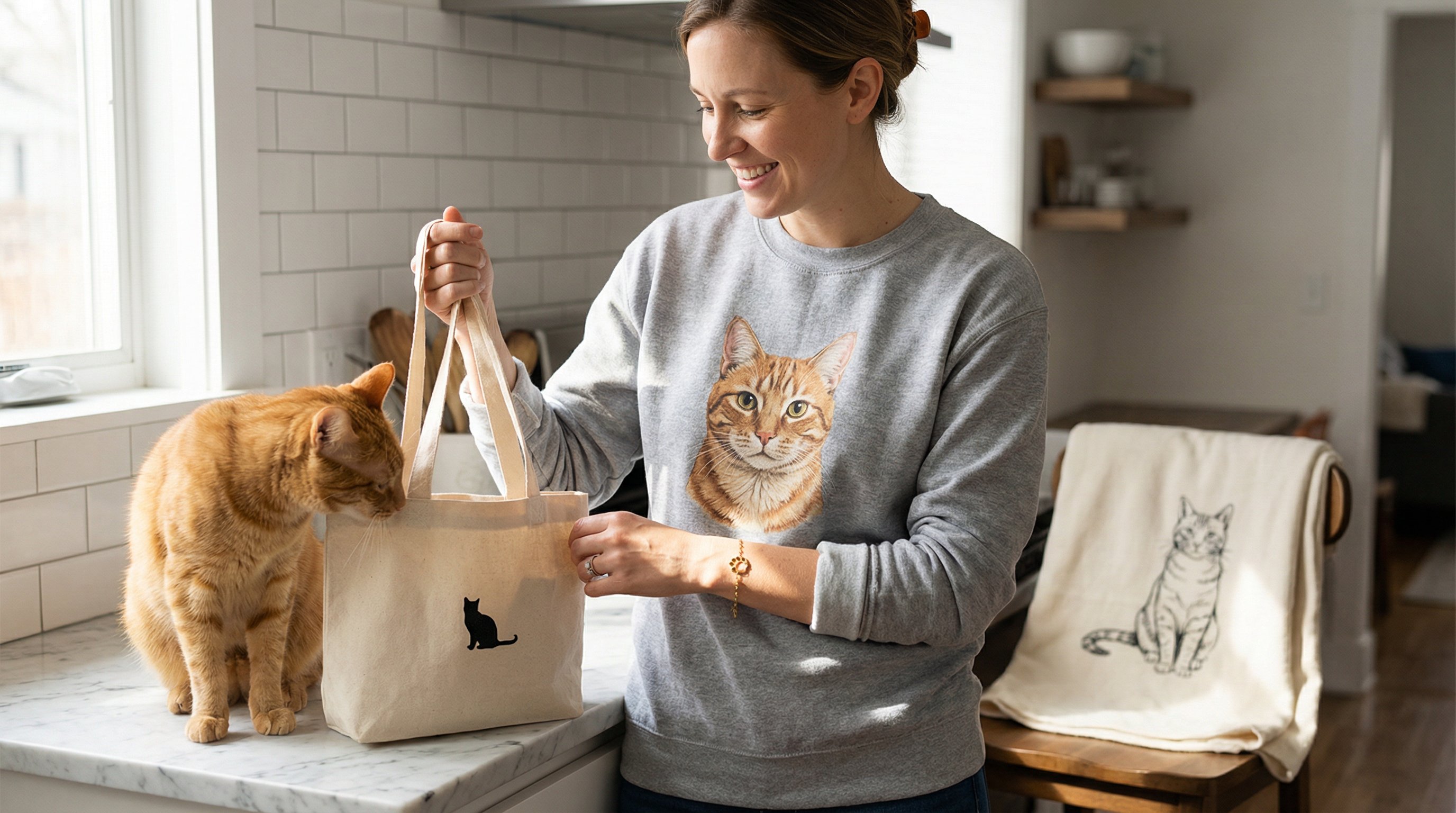 Woman wearing a custom cat sweatshirt with paw-print jewelry and cat tote bag.