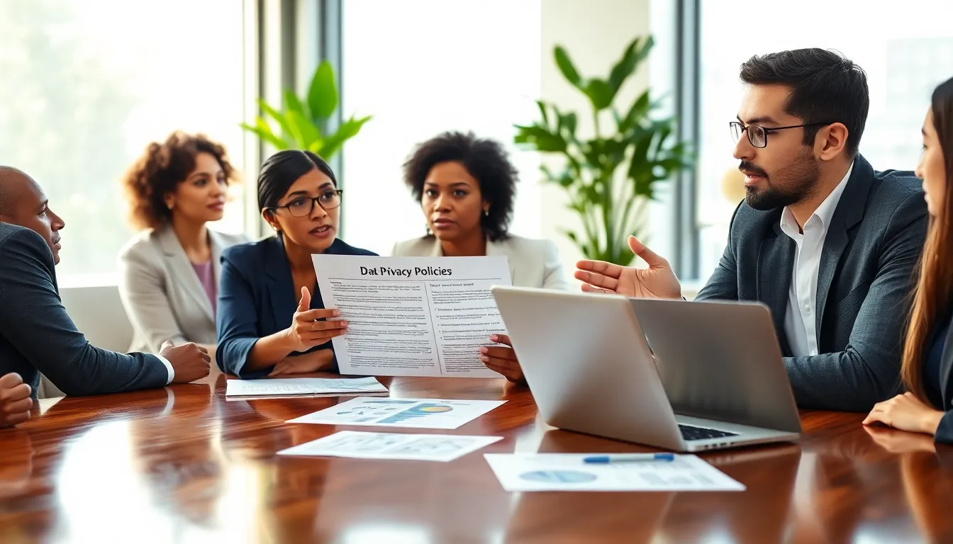 A group discussing data privacy policies in a bright conference room.