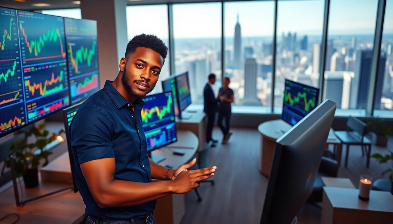 A young man trading cryptocurrencies in a high-tech office with multiple screens.