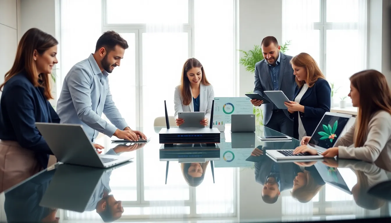 team collaborating on home networking services in a modern office.